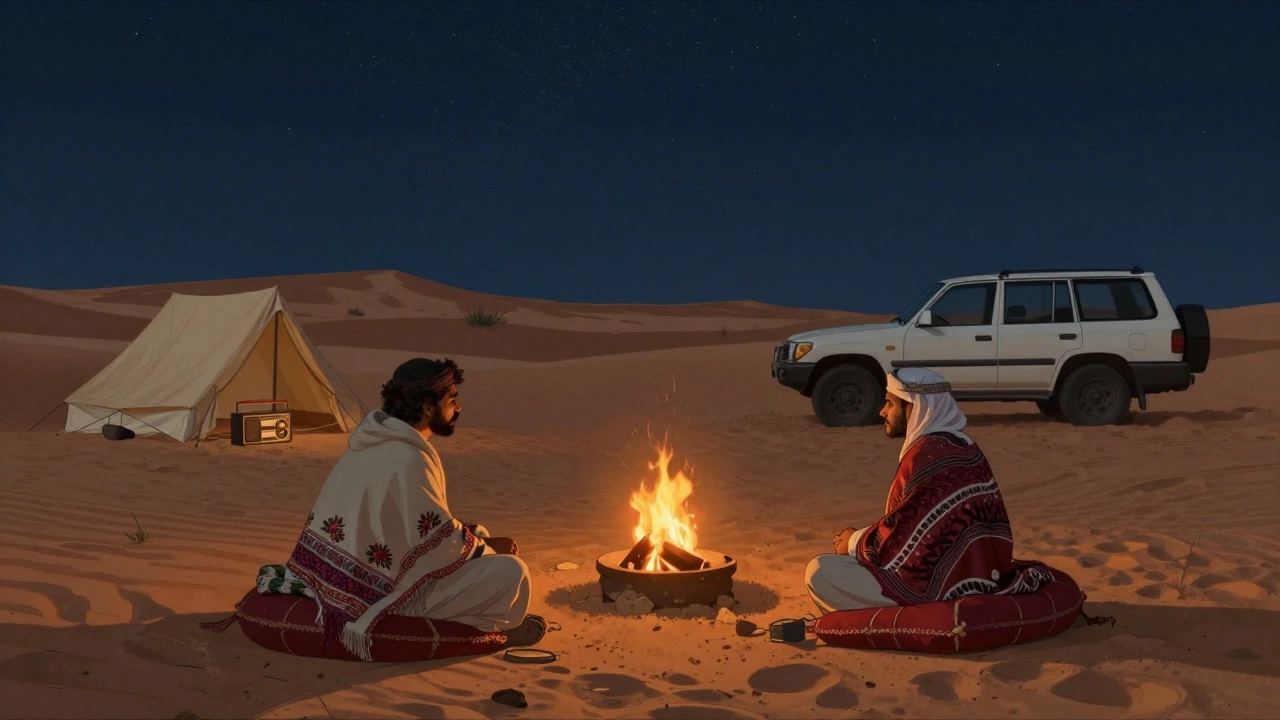 Two individuals at a private desert camp under stars, sharing stories by a soft fire with luxury SUV nearby.