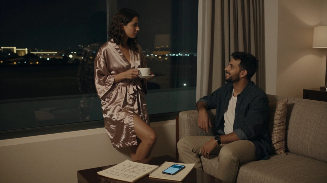 Two people in a luxury hotel suite at night, sharing coffee and quiet moments with no overt intimacy.