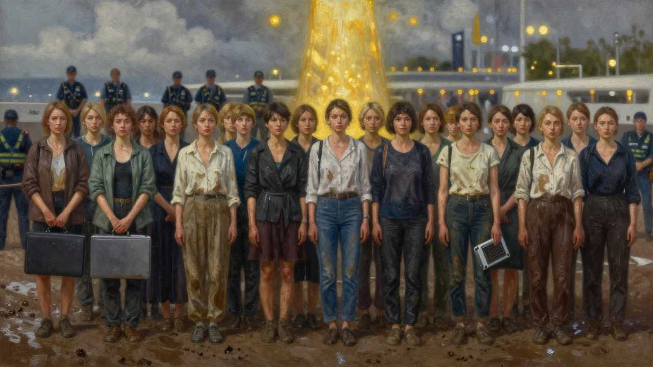 Ukrainian filmmakers in muddy clothes wait in line at Cannes, one holding a laptop, golden light breaking through clouds above.