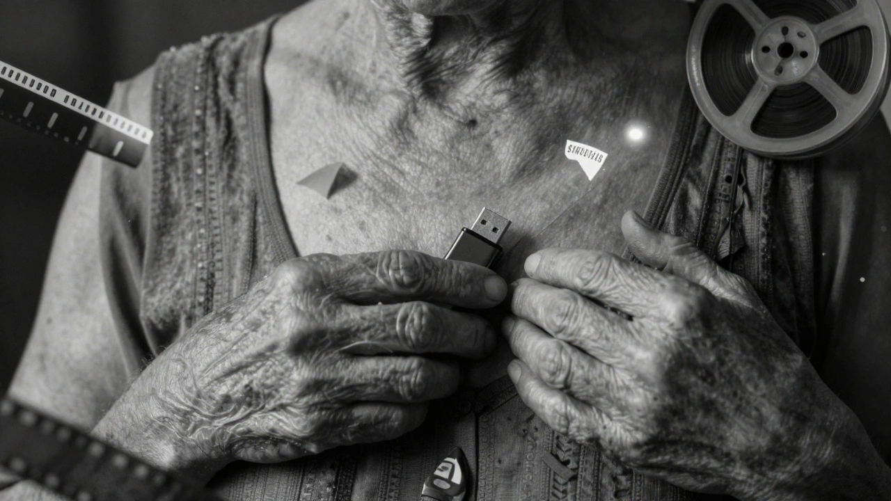 Weathered hands hold a USB drive taped to the chest, with faint film projector reflections in the background.